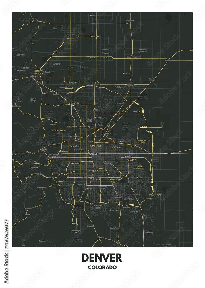 Poster Denver - Colorado map. Road map. Illustration of Denver - Colorado streets ...