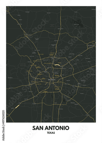 Poster San Antonio - Texas map. Road map. Illustration of San Antonio - Texas streets. Transportation network. Printable poster format.