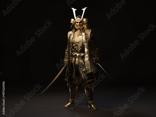 Fototapeta A samurai wearing golden armor and holding a sword in each hand