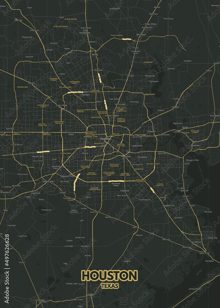 Poster Houston - Texas map. Road map. Illustration of Houston - Texas streets. Transportation ...