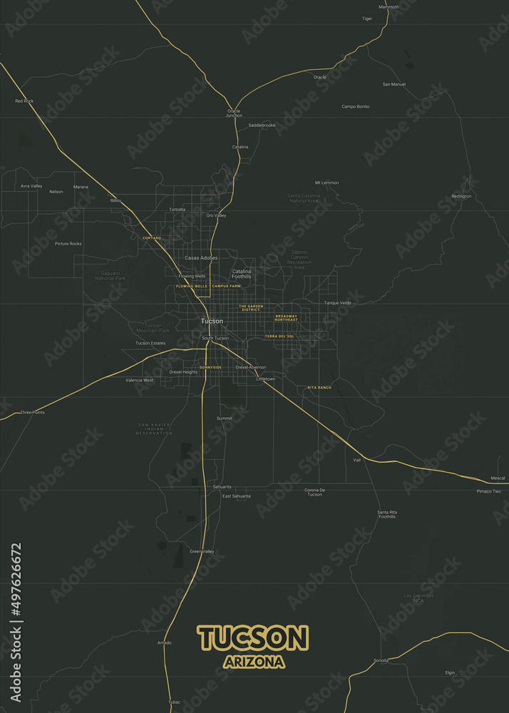 Poster Tucson - Arizona map. Road map. Illustration of Tucson - Arizona ...