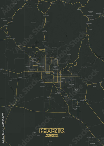 Poster Phoenix - Arizona map. Road map. Illustration of Phoenix - Arizona streets. Transportation network. Printable poster format.