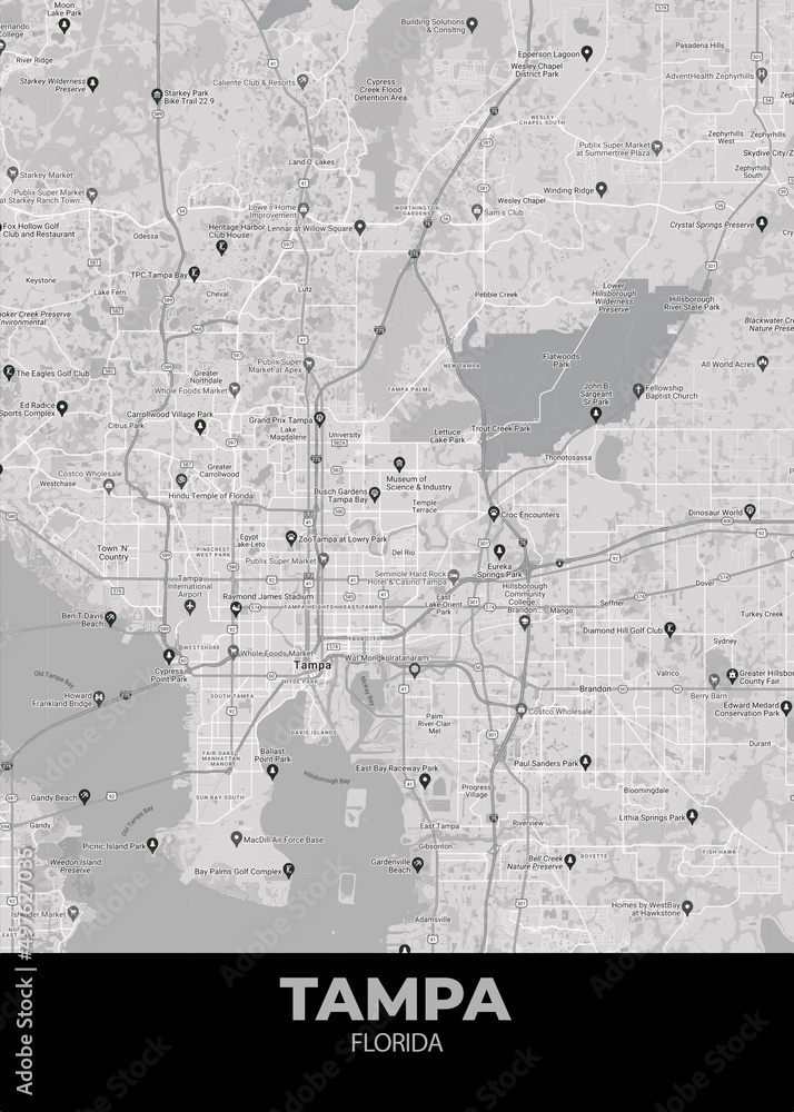 Poster Tampa - Florida map. Road map. Illustration of Tampa - Florida streets. Transportation ...