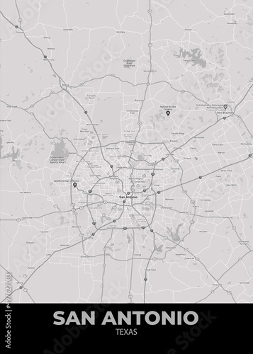 Poster San Antonio - Texas map. Road map. Illustration of San Antonio - Texas streets. Transportation network. Printable poster format.