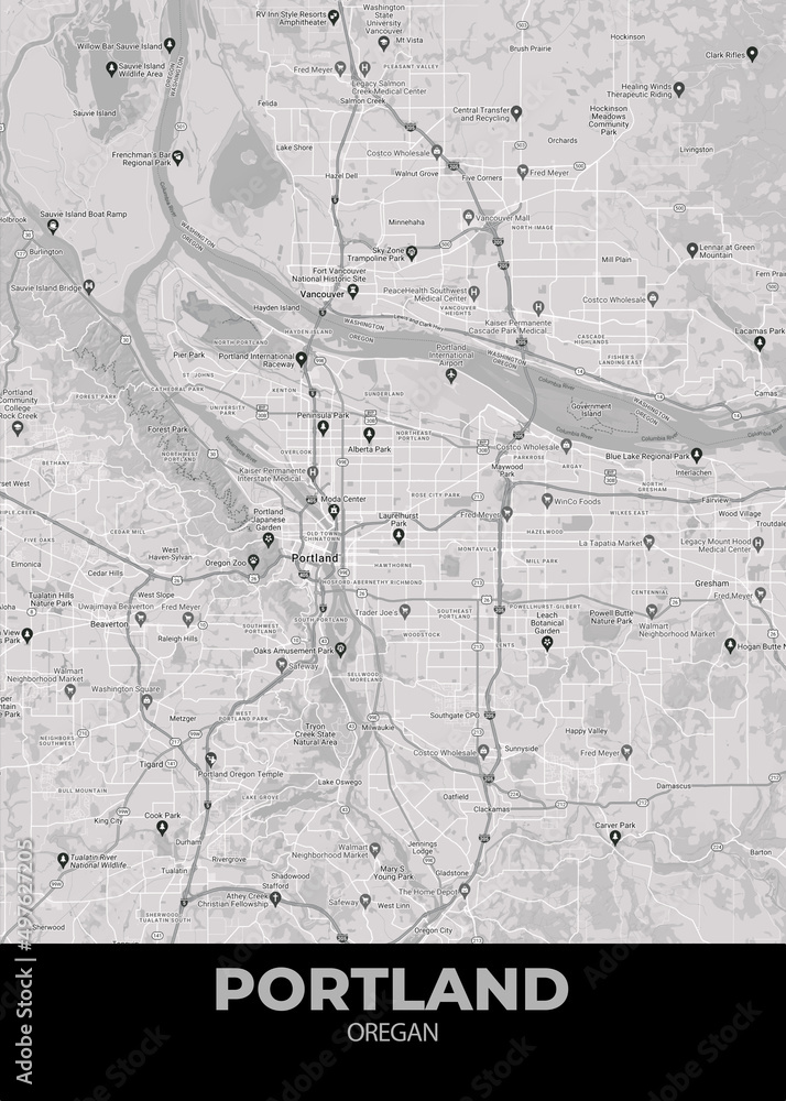 Poster Portland - Oregan map. Road map. Illustration of Portland ...