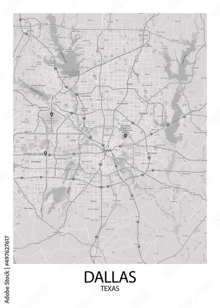 Poster Dallas - Texas map. Road map. Illustration of Dallas - Texas streets. Transportation ...