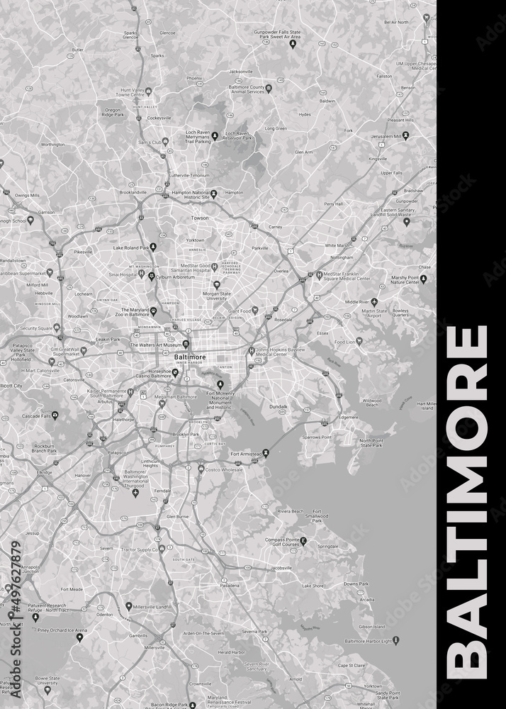 Poster Baltimore - Maryland map. Road map. Illustration of Baltimore - Maryland streets. Transportation network. Printable poster format. Poster Baltimore - Maryland map. Road map. Illustration of Baltimore - Maryland streets. Transportation network. Printable poster format.