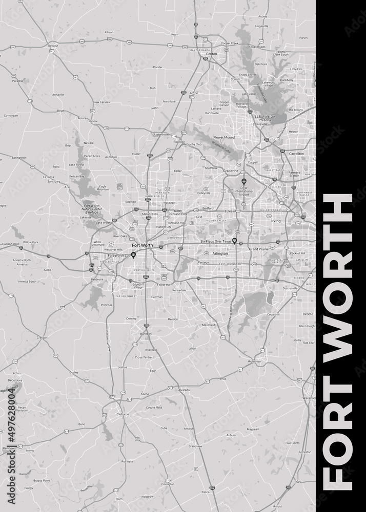 Poster Fort Worth - Texas map. Road map. Illustration of Fort Worth ...