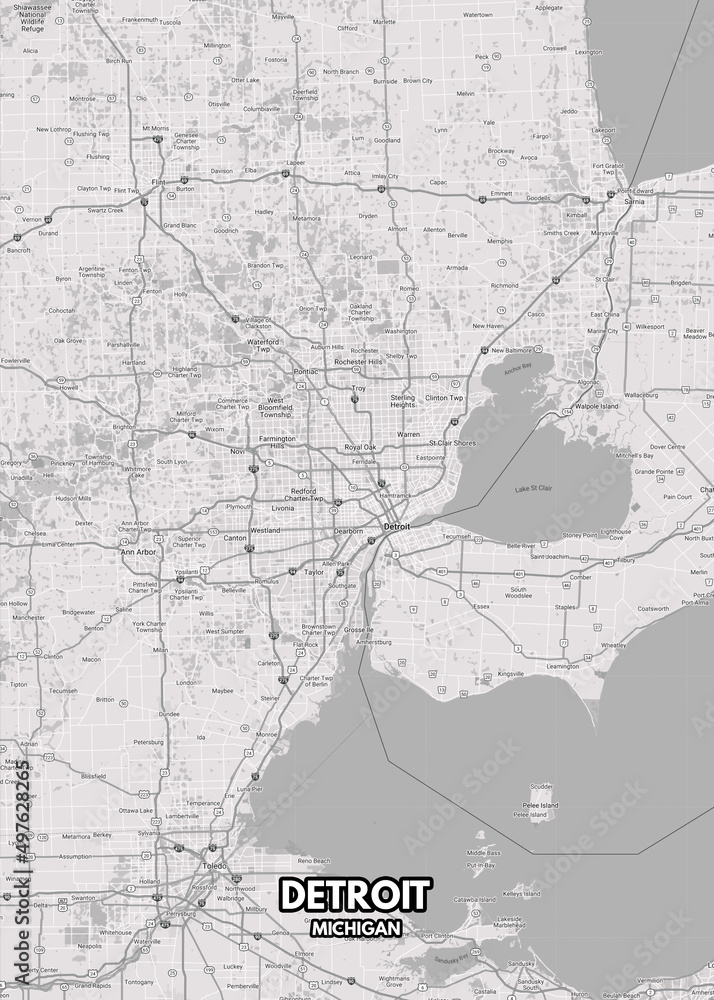 Poster Detroit - Michigan map. Road map. Illustration of Detroit - Michigan streets. Transportation network. Printable poster format.