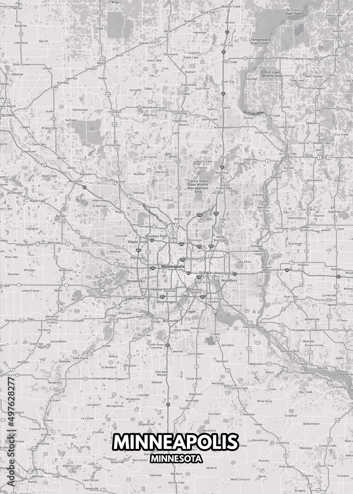 Poster Minneapolis - Minnesota map. Road map. Illustration of Minneapolis - Minnesota streets. Transportation network. Printable poster format.