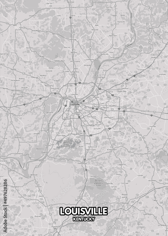 Poster Louisville - Kentucky map. Road map. Illustration of Louisville - Kentucky streets. Transportation network. Printable poster format.