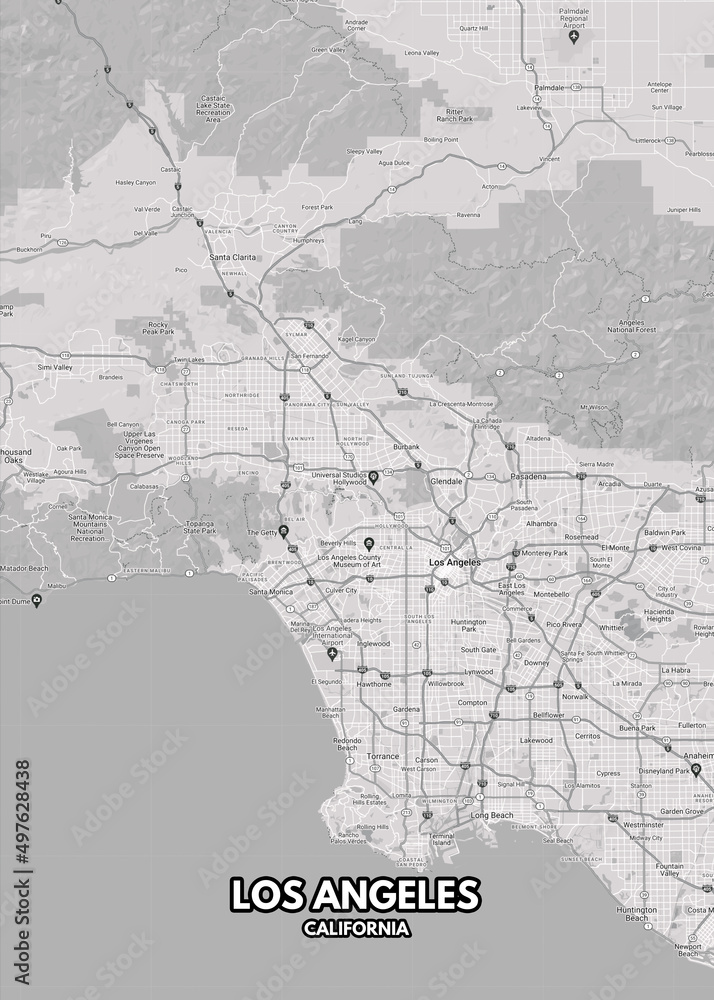 Poster Los Angeles - California map. Road map. Illustration of Los Angeles - California streets. Transportation network. Printable poster format.