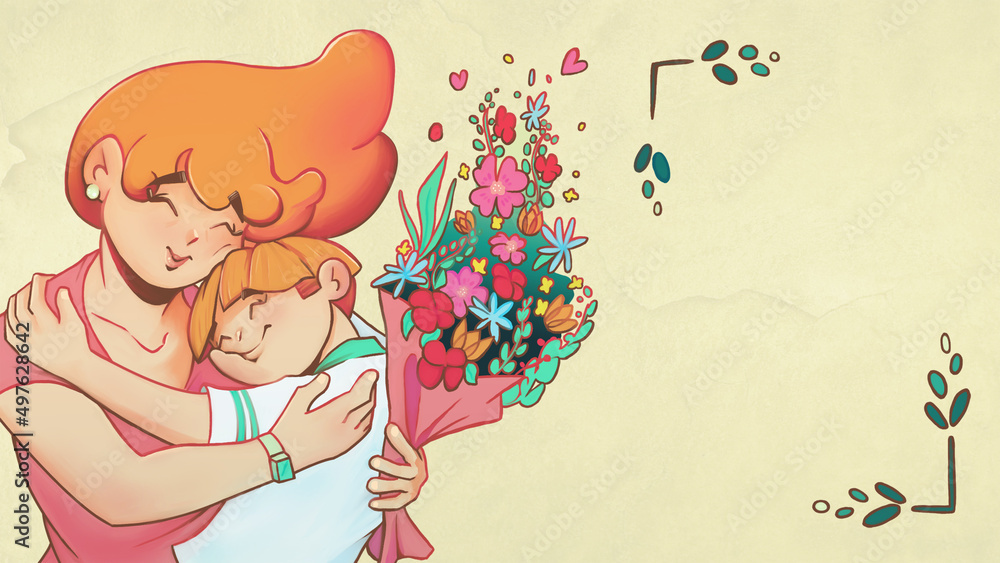 Niño abraza a su madre con un ramo de flores - Boy hugs his mother with ...