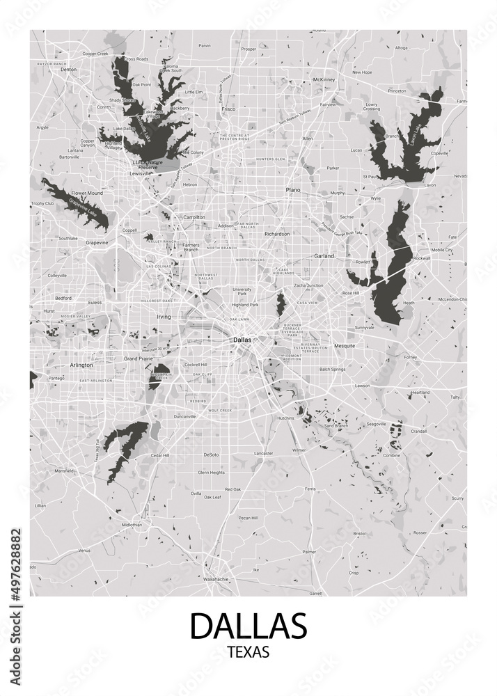 ภาพประกอบสต็อก Poster Dallas - Texas map. Road map. Illustration of Dallas - Texas streets ...