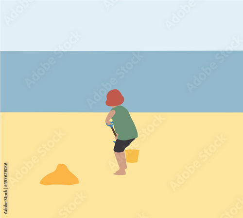 Boy playing sand at the beach with sand tools. Vector Illustration Small child enjoying vacation by the sea or ocean. Travelling with kids