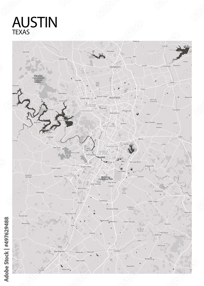 Poster Austin - Texas map. Road map. Illustration of Austin - Texas