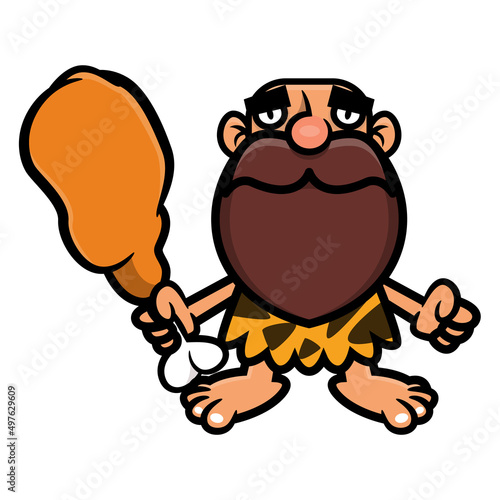 Cartoon illustration of cavemen wearing clothes made of leopard skin holding a big meat, best for mascot, logo, and sticker with primordial themes