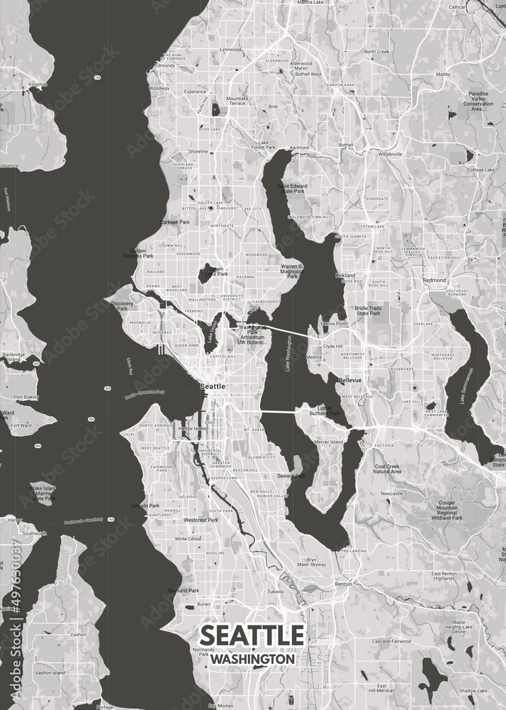 Poster Seattle - Washington map. Road map. Illustration of Seattle ...