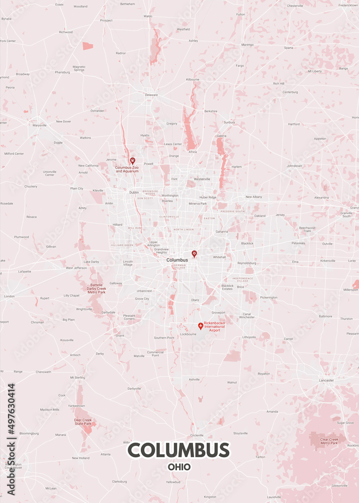 Poster Columbus - Ohio map. Road map. Illustration of Columbus - Ohio streets. Transportation network. Printable poster format.