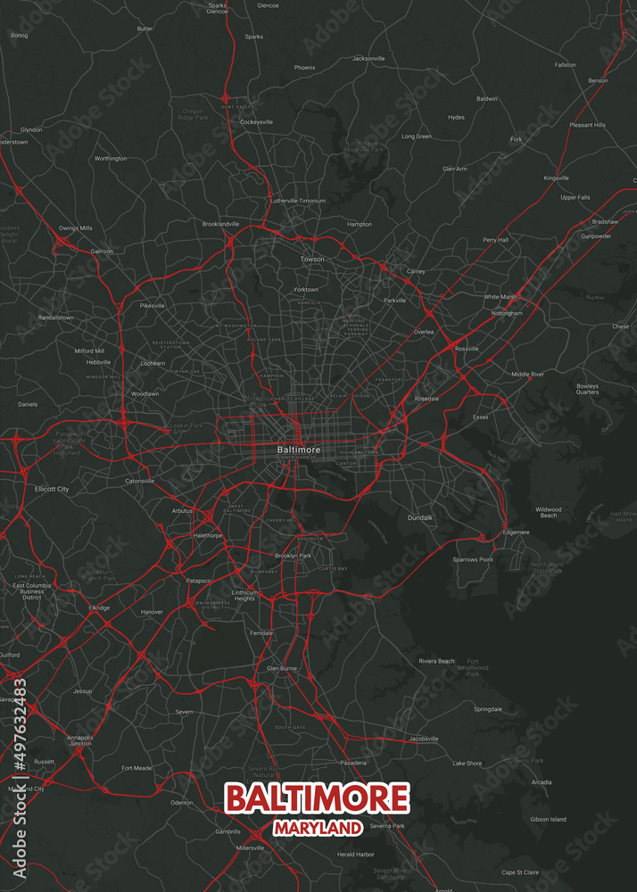 Poster Baltimore Maryland map. Road map. Illustration of Baltimore