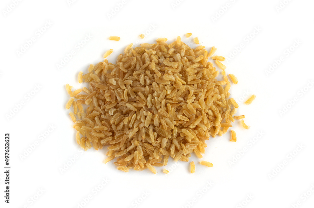 Instant Brown Rice in Heap Isolated on White in Top Down Shot Instant Brown Rice in Heap Isolated on White in Top Down Shot