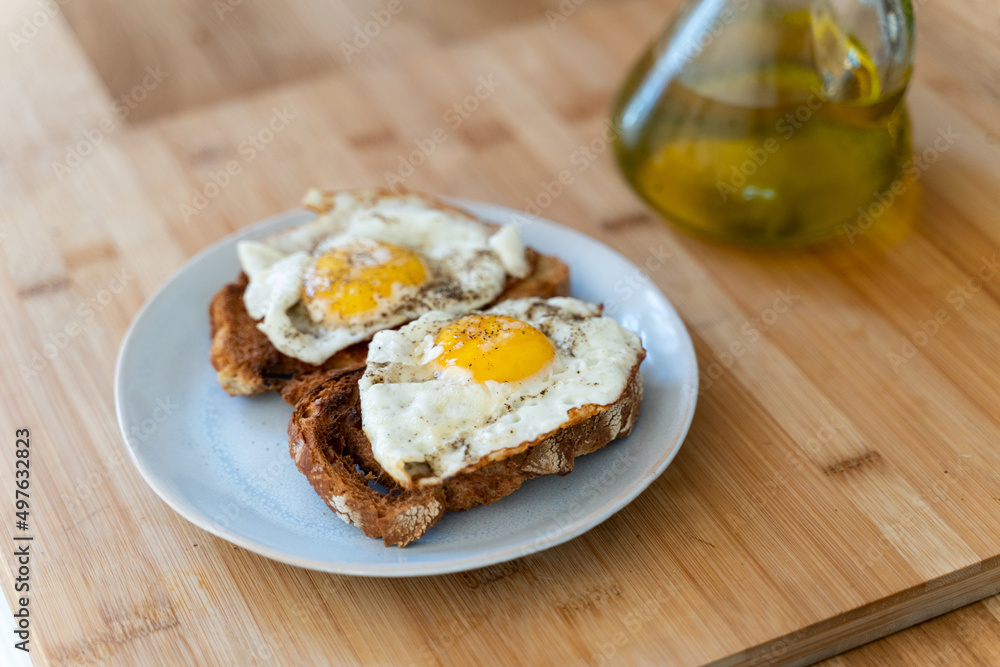 Close-up of breakfast eggs toast at kitchen Close-up of breakfast eggs toast at kitchen