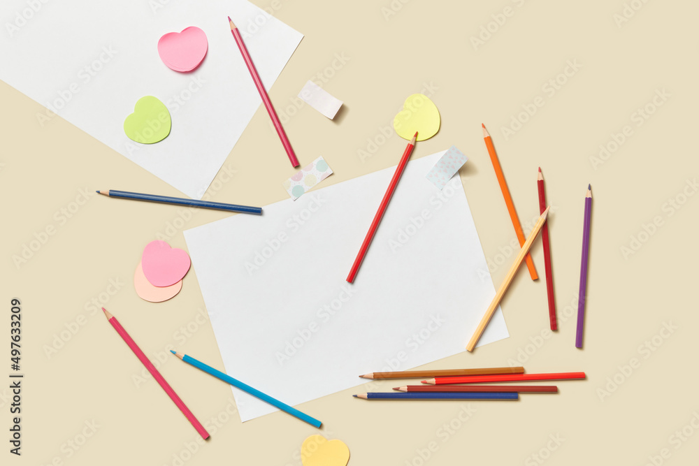Pencils, cutted hearts and sheets of paper fo making card Pencils, cutted hearts and sheets of paper fo making card