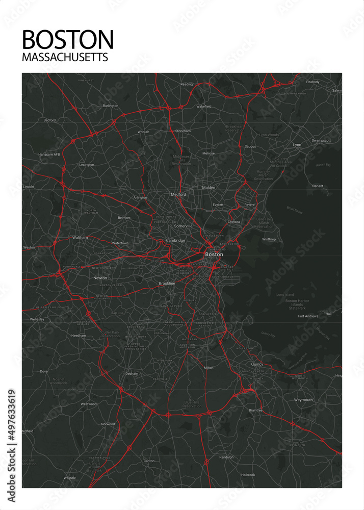 Poster Boston - Massachusetts map. Road map. Illustration of Boston ...
