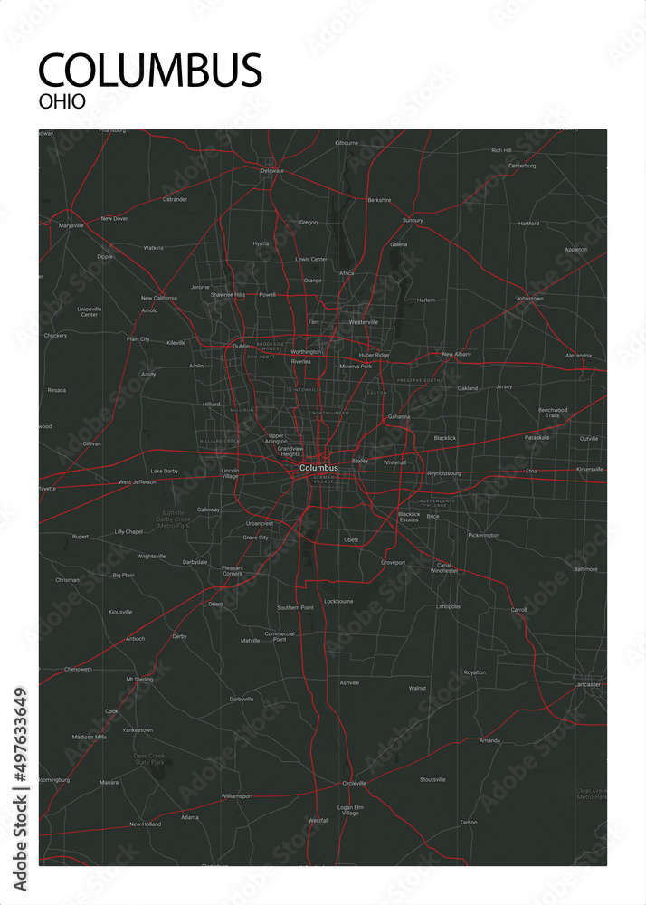 Poster Columbus - Ohio map. Road map. Illustration of Columbus - Ohio ...