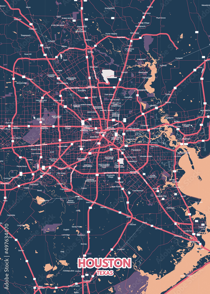 Poster Houston - Texas map. Road map. Illustration of Houston - Texas streets. Transportation ...