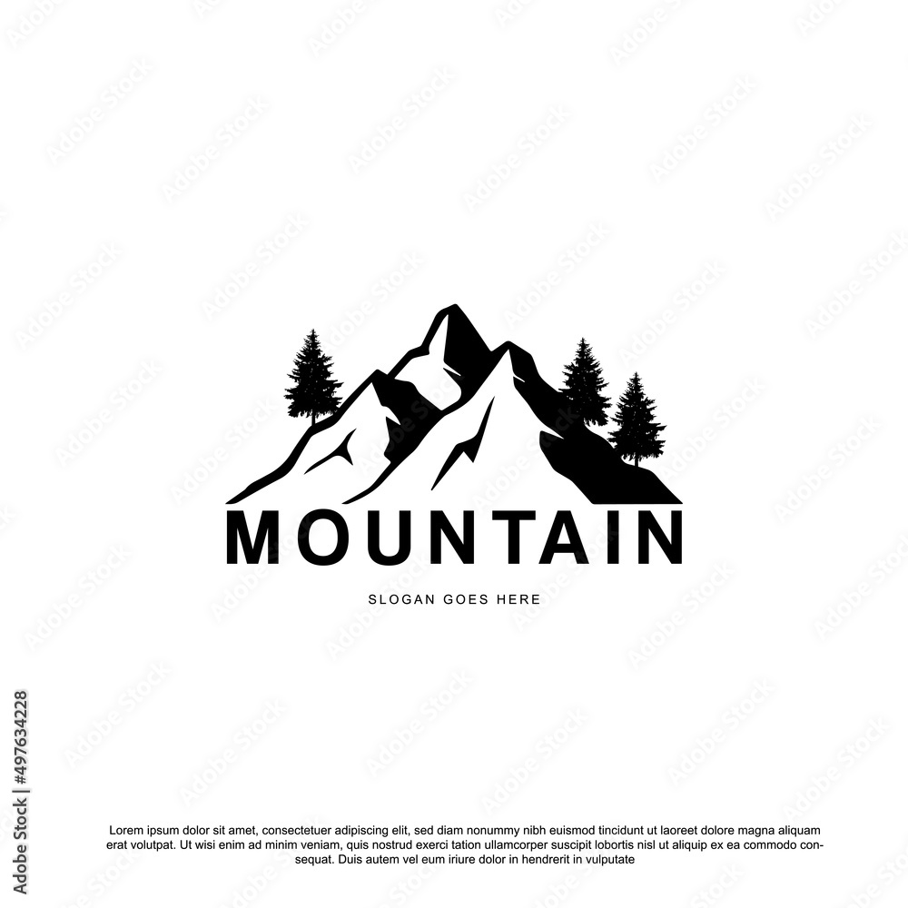Silhouette mountain with pine tree logo design