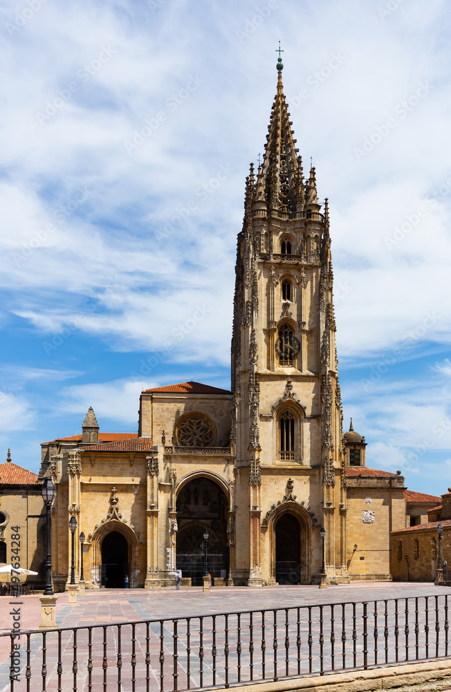 Picturesque view of Cathedral of Oviedo on Plaza Alfonso II, Spain, at sunny summer day
