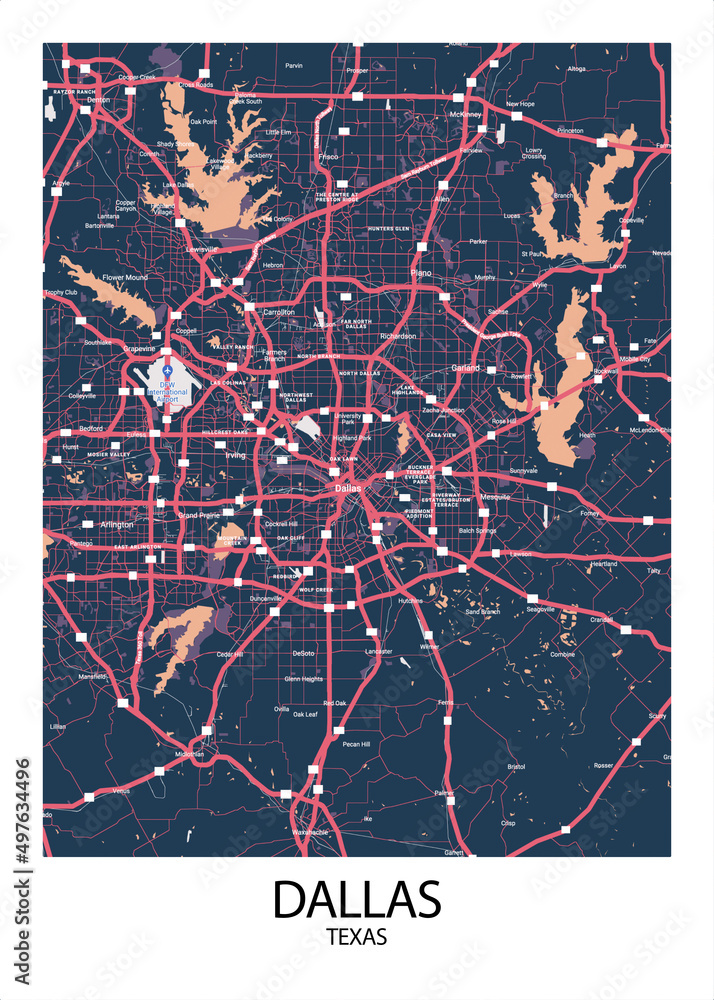 Poster Dallas - Texas map. Road map. Illustration of Dallas - Texas ...