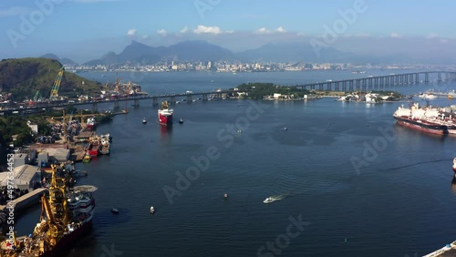 Rio de Janeiro, Brazil. Aerial view of the docks and port next to the Rio-Niteroi Bridge. photo