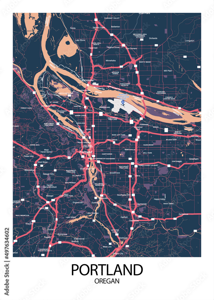 Poster Portland - Oregan map. Road map. Illustration of Portland ...
