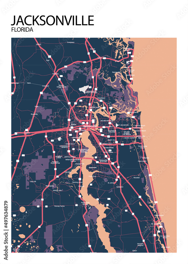 Poster Jacksonville Florida Map Road Map Illustration Of 1000 F 497634879 QY1vS6DLSLLp09E92Od5C96T4NOmB7c2 