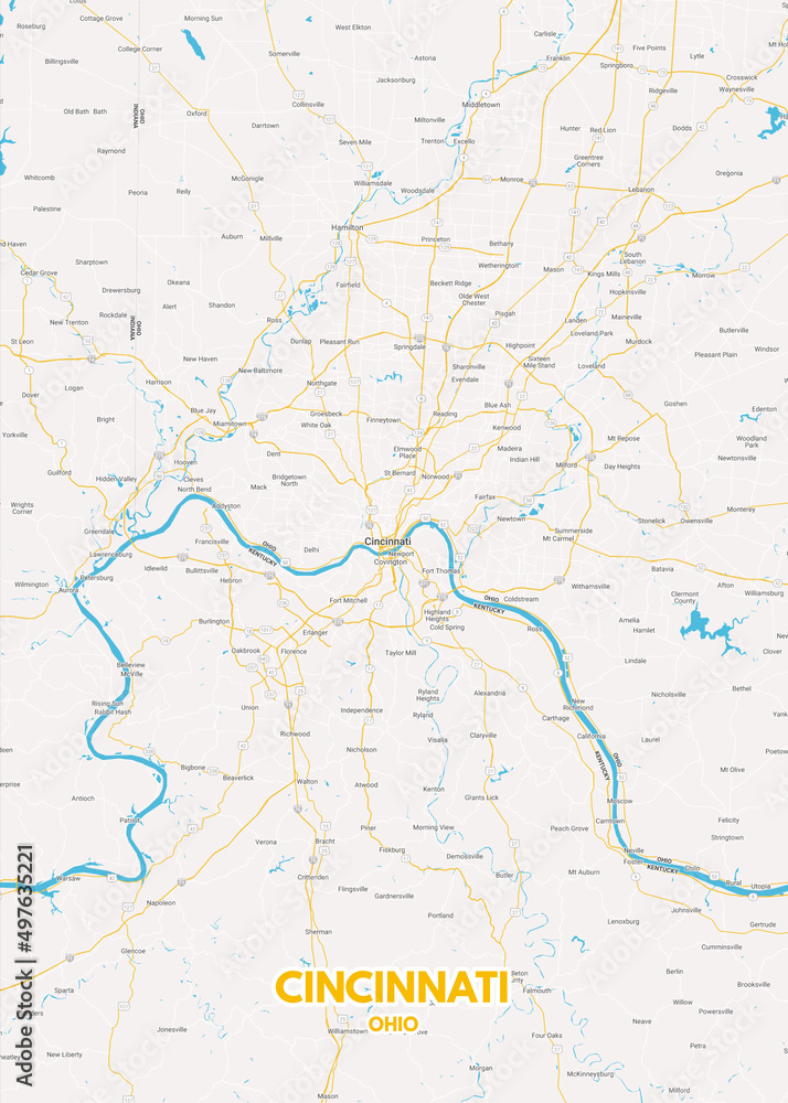 Poster Cincinnati - Ohio map. Road map. Illustration of Cincinnati - Ohio streets. Transportation network. Printable poster format.