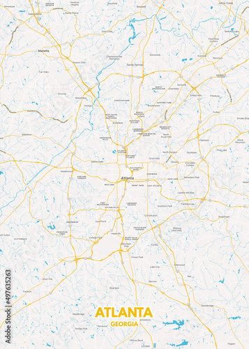 Poster Atlanta - Georgia map. Road map. Illustration of Atlanta - Georgia streets. Transportation network. Printable poster format.