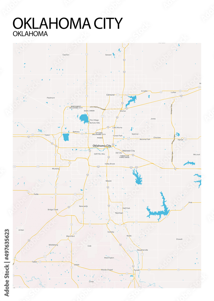 Poster Oklahoma City - Oklahoma map. Road map. Illustration of Oklahoma ...