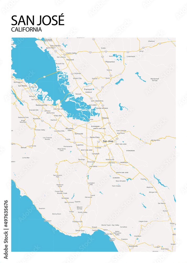 Poster San José - California map. Road map. Illustration of San José - California streets. Transportation network. Printable poster format.