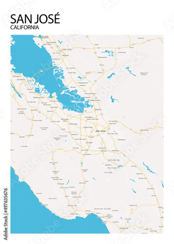 Poster San José - California map. Road map. Illustration of San José - California streets. Transportation network. Printable poster format.