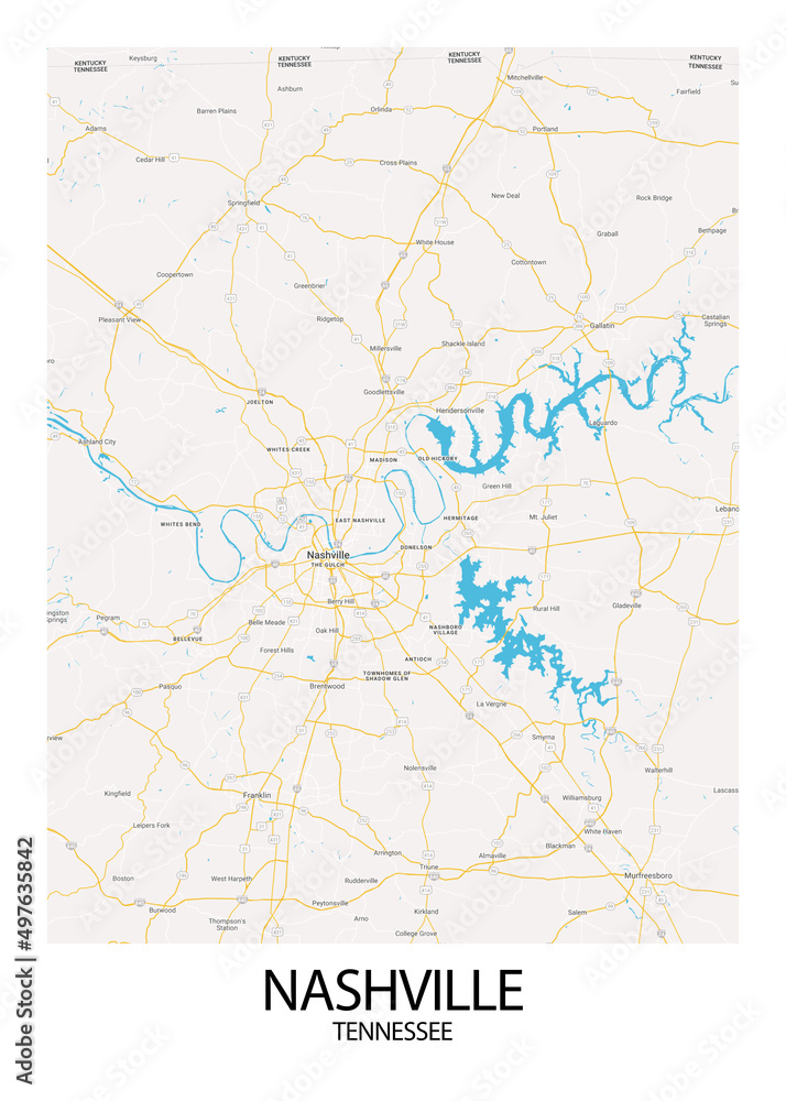 Poster Nashville - Tennessee map. Road map. Illustration of Nashville - Tennessee streets. Transportation network. Printable poster format.