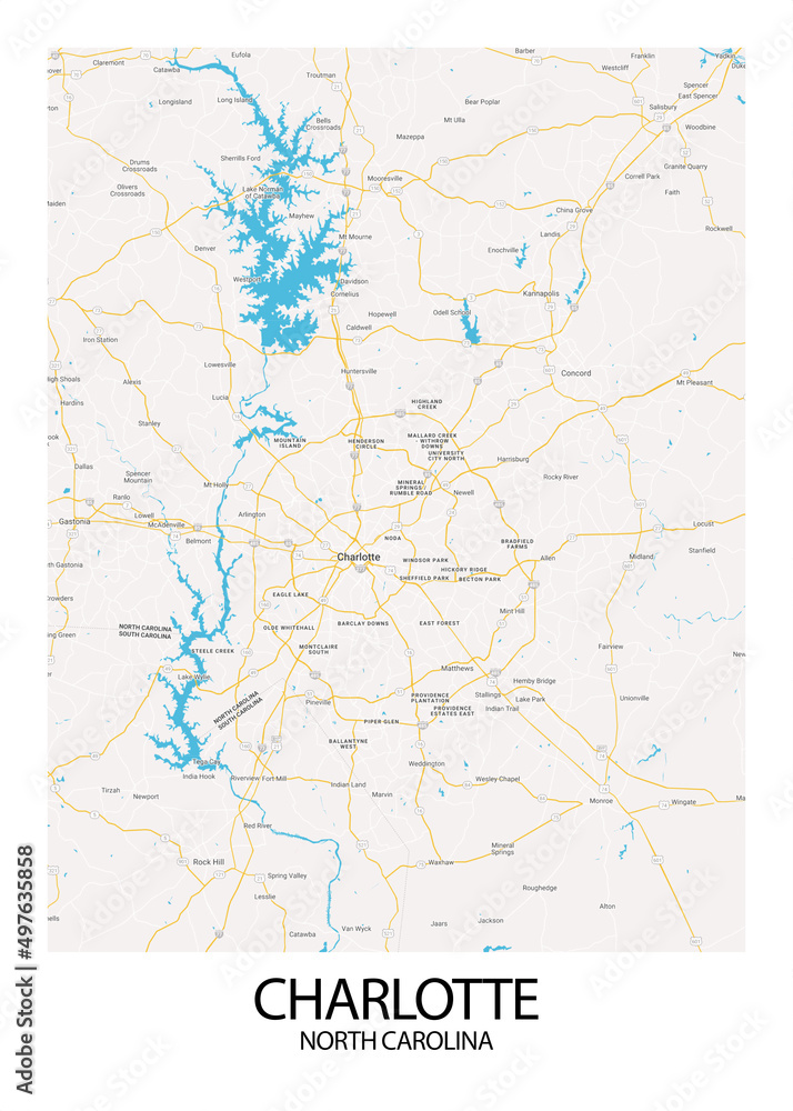 Poster Charlotte North Carolina map. Road map. Illustration of
