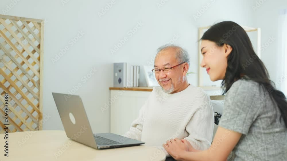 Asian senior male and daughter video call with doctor in living room. Asian senior male and daughter video call with doctor in living room.