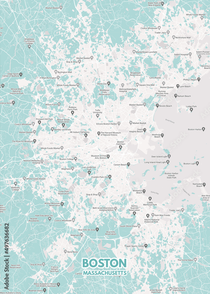 Poster Boston - Massachusetts map. Road map. Illustration of Boston - Massachusetts streets. Transportation network. Printable poster format.