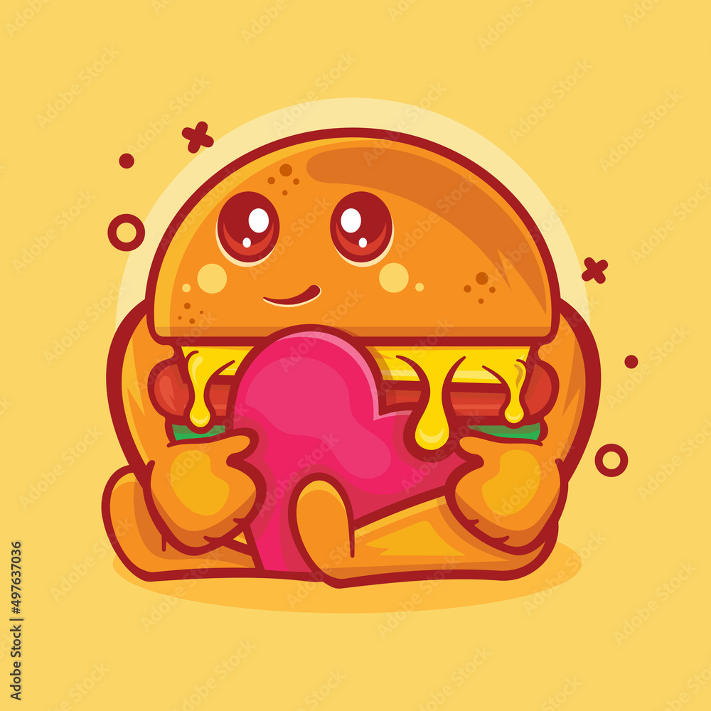 kawaii hamburger food character mascot holding love sign heart isolated cartoon in flat style design kawaii hamburger food character mascot holding love sign heart isolated cartoon in flat style design
