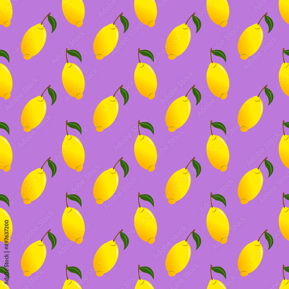 Fruit pattern with lemon on a branch. Vector illustration on a purple background. For use in packaging, prints, fabrics, brochures and covers, stationery and scrapbooking, flyers. Fruit pattern with lemon on a branch. Vector illustration on a purple background. For use in packaging, prints, fabrics, brochures and covers, stationery and scrapbooking, flyers.