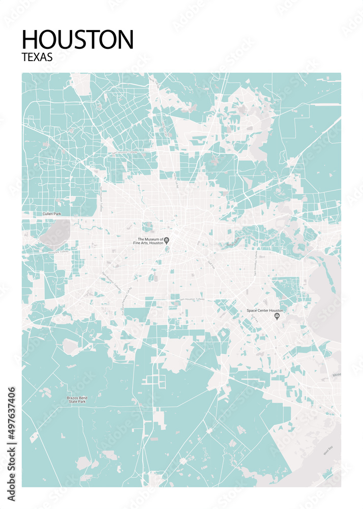 Poster Houston - Texas map. Road map. Illustration of Houston - Texas streets. Transportation network. Printable poster format.