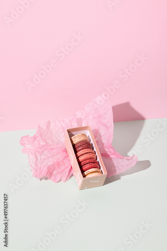 French macaroons or macarons in various pastel colors  photo