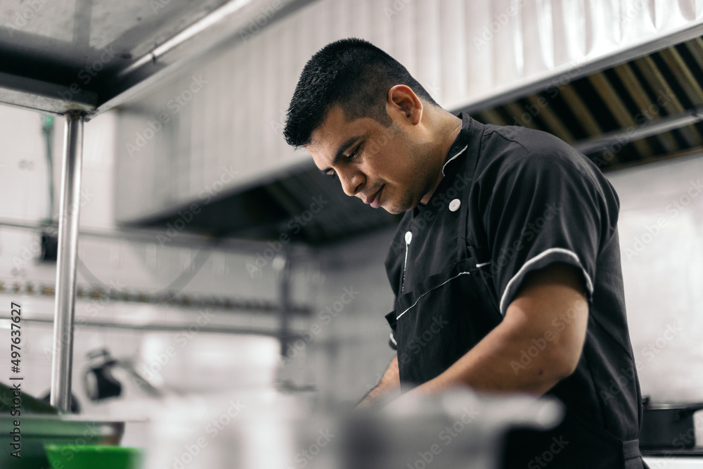 Latin chef working in a restaurant kitchen Latin chef working in a restaurant kitchen